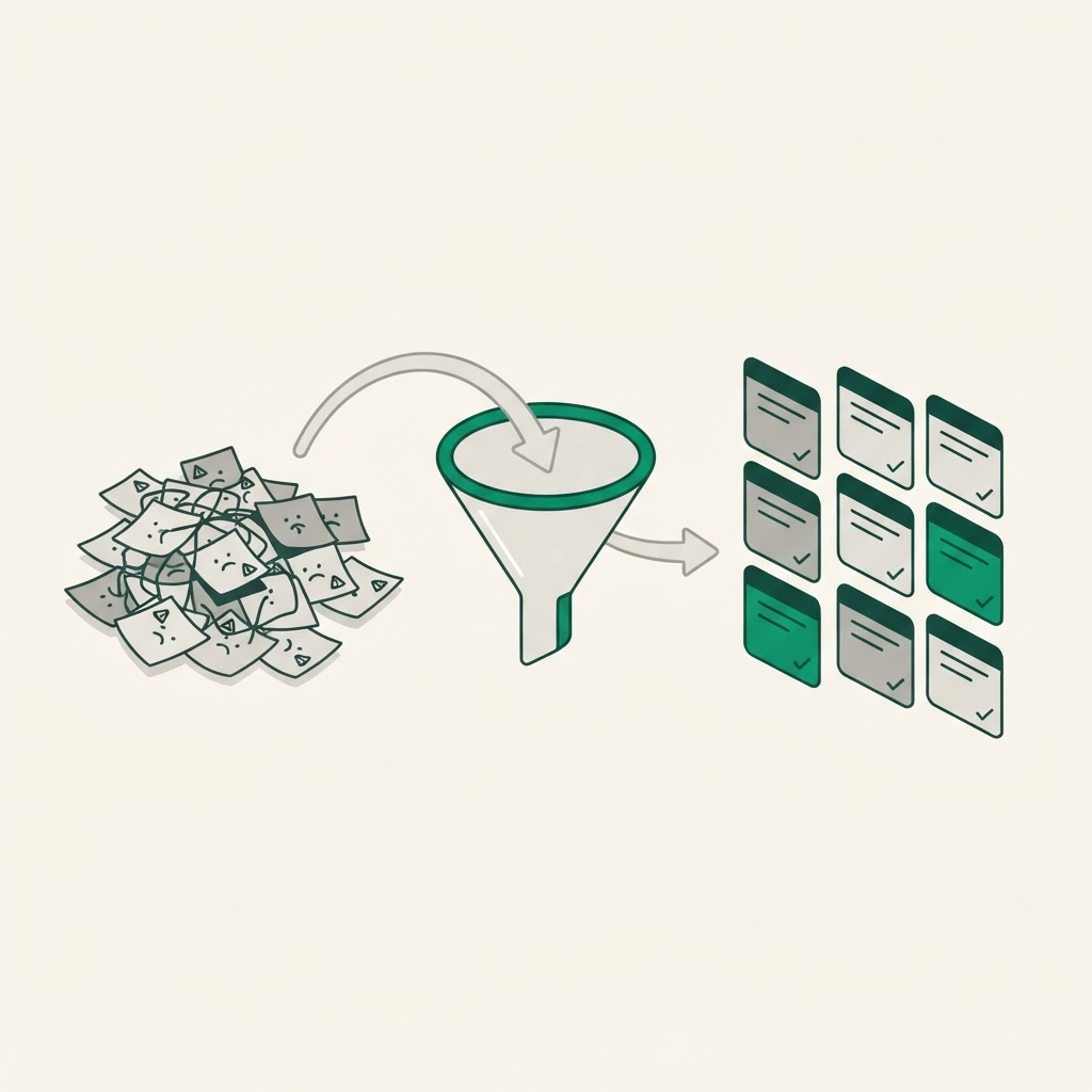 Illustration of messy, scattered data being organized into clean, structured records after migration